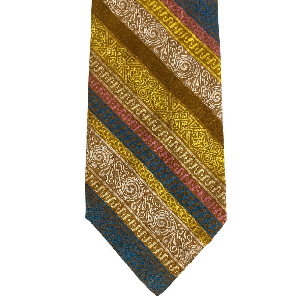 VTG Prince Igor Mens Tie Gold Bronze Blue Pink Ornate Paisley Stripe 70s 55x4